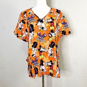 Disney Frankenstein Mickey Minnie Bride Halloween Scrub Top Orange 2XL Cotton